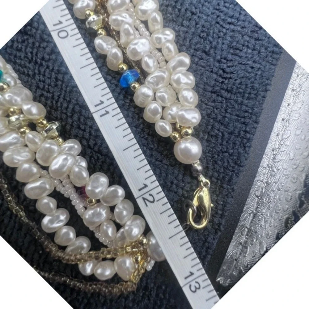 Vtg 7 Strand Necklace Faux Baroque and Seed Pearls Acrylic Gold Tone Accents 25